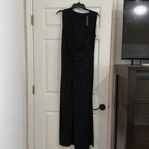 Brooke Shields black maxi dress with a gathered waist